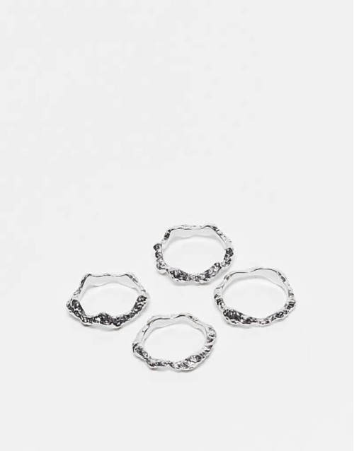 pack of 4 stacking rings in hammered design in silver tone
