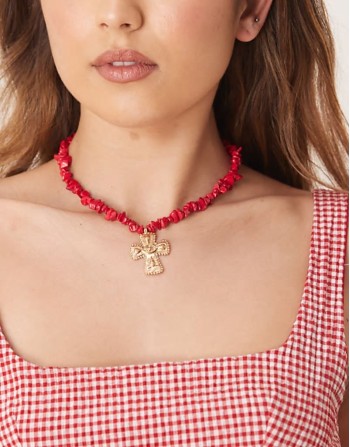 natural stone necklace with cross pendant in red and gold