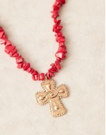 natural stone necklace with cross pendant in red and gold