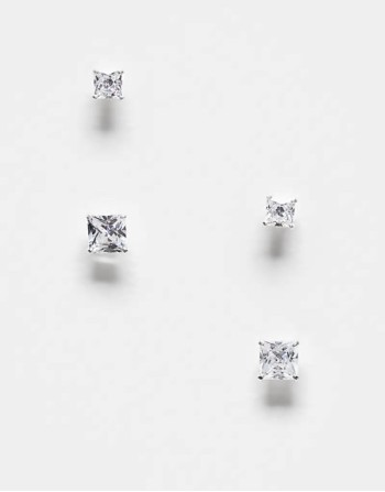pack of 2 square crystal stud earrings in sterling silver