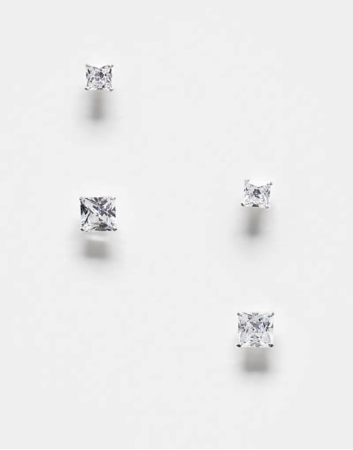 pack of 2 square crystal stud earrings in sterling silver