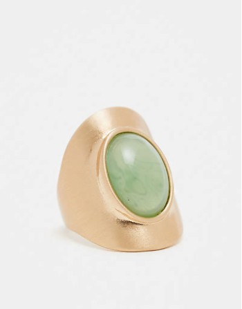 Curve long ring with faux sage stone set in brushed gold