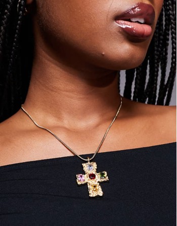 molten cross pendant necklace with multi colour stones in 18k gold plated
