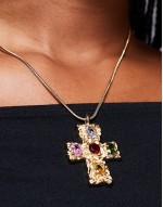 molten cross pendant necklace with multi colour stones in 18k gold plated
