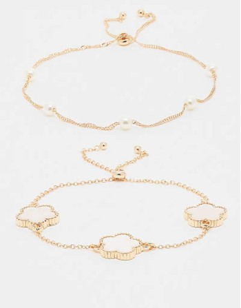 luckyflower pack of 2 clover and pearl bracelets in gold