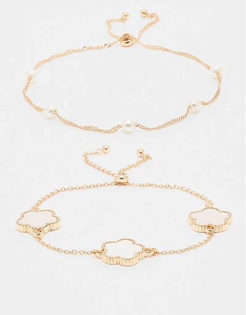 luckyflower pack of 2 clover and pearl bracelets in gold