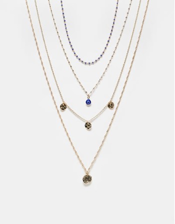 pack of 4 necklaces with disc and eye charm detail in gold tone