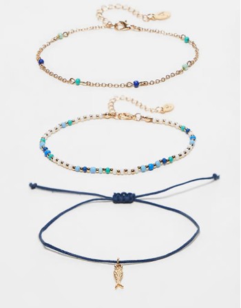 beaded fish 3 pack anklets in blue