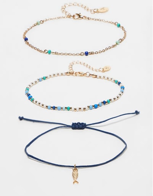 beaded fish 3 pack anklets in blue