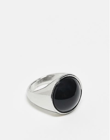 unisex simple ring with faux black stone in silver