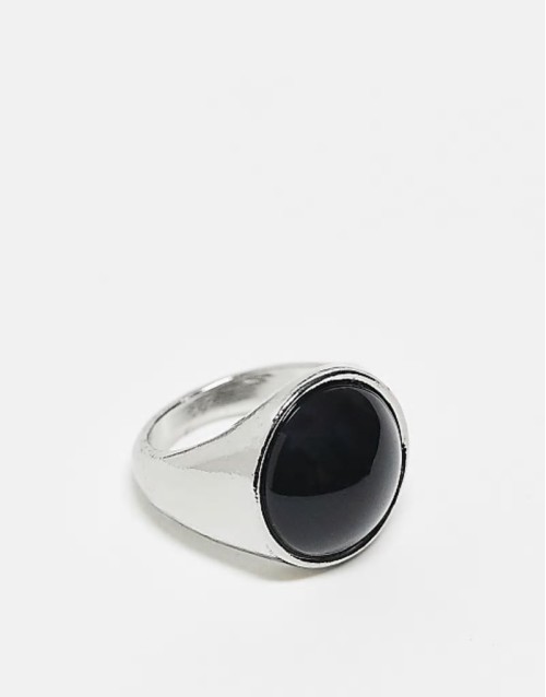 unisex simple ring with faux black stone in silver