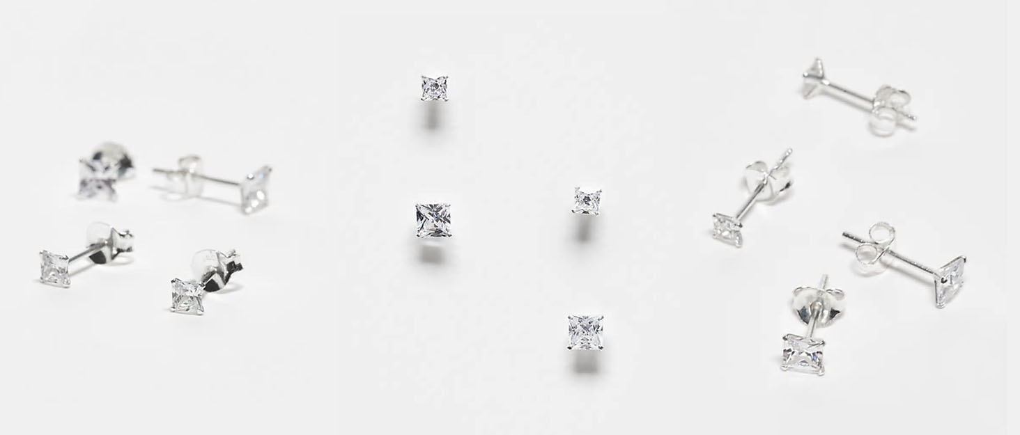 pack of 2 square crystal stud earrings in sterling silver